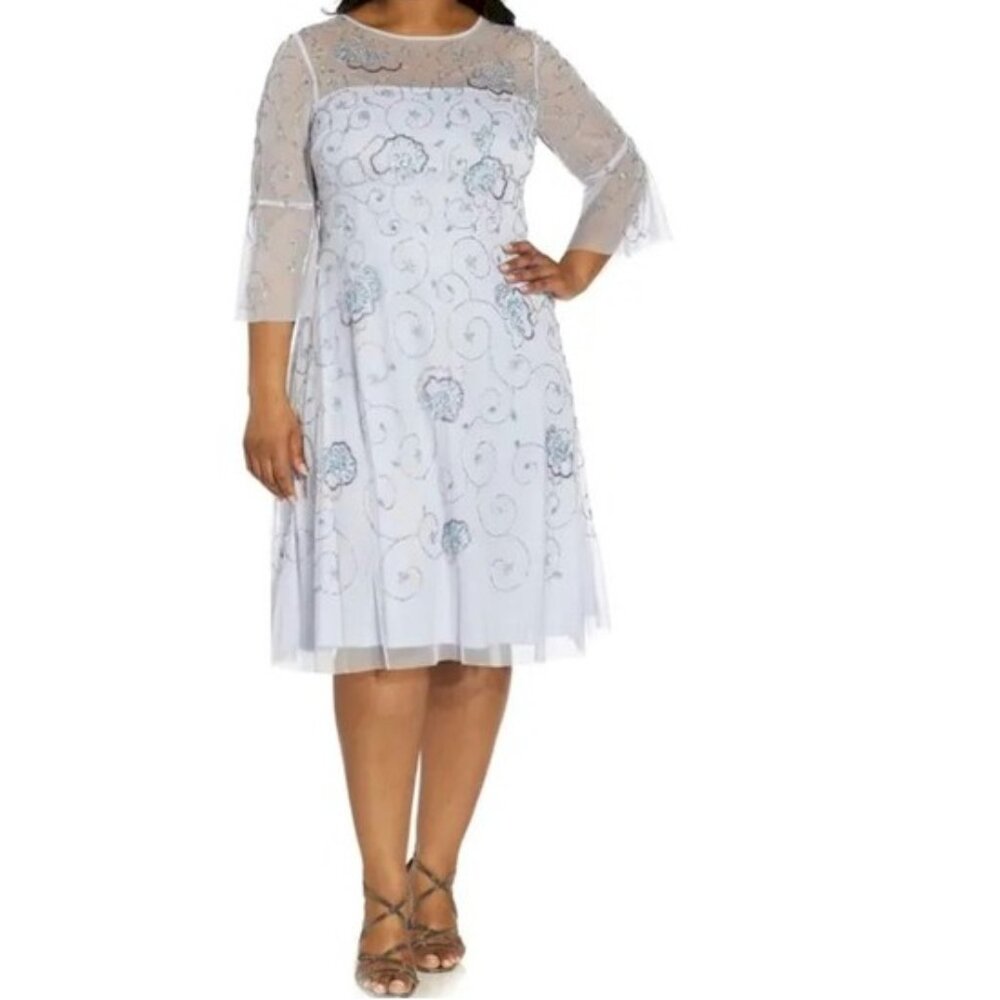 Adrianna Papell Serenity Blue Beaded Midi Dress New with Tags Size 22W NWT
